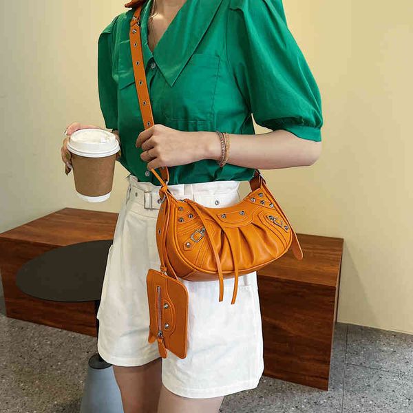 

design wrinkled locomotive bag 2022 trendy baguette bags brand versatile leather crescent armpit rivet semicircle fashion female shoulder ha