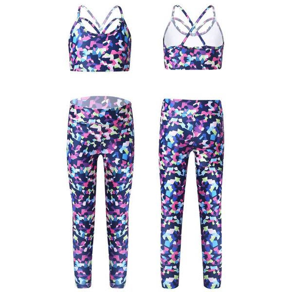 Set da corsa Set da bambina con stampa colorata Tuta senza maniche Allenamento attivo Palestra Reggiseno sportivo Top Leggings a vita alta Pantaloni 2 pezzi SetRunning