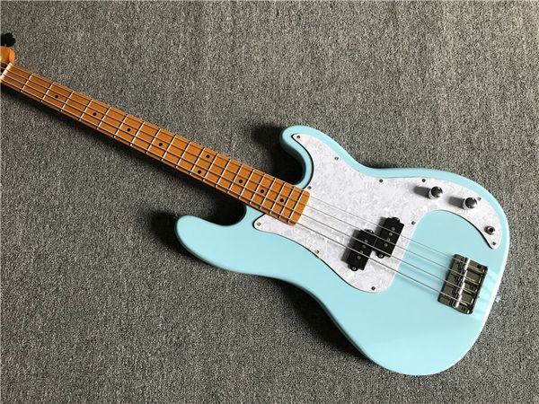 

4-strings blue body electric bass guitar with white pearl pickguard,chrome hardware,maple neck,provide customized services
