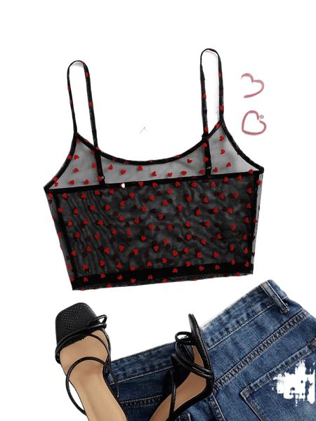 

heart print sheer mesh cami crop without bra m9ci#, White