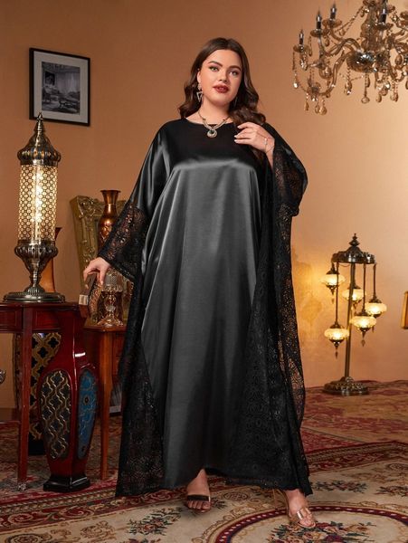

plus solid contrast lace dolman sleeve satin dress l8zv#, Black