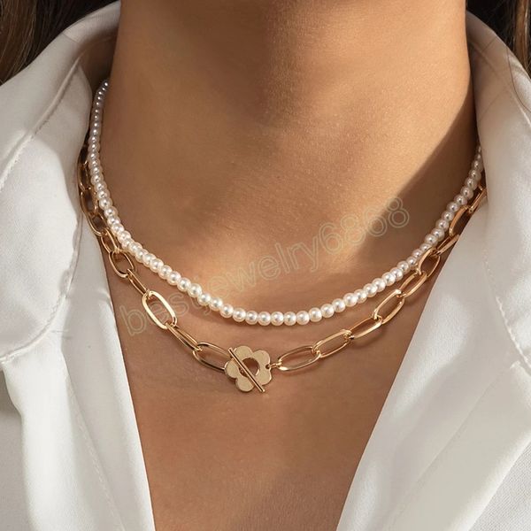 

layered chains with flower buckle choker necklace for women charms pearl beads necklaces set 2022 fashion jewelry collar, Golden;silver