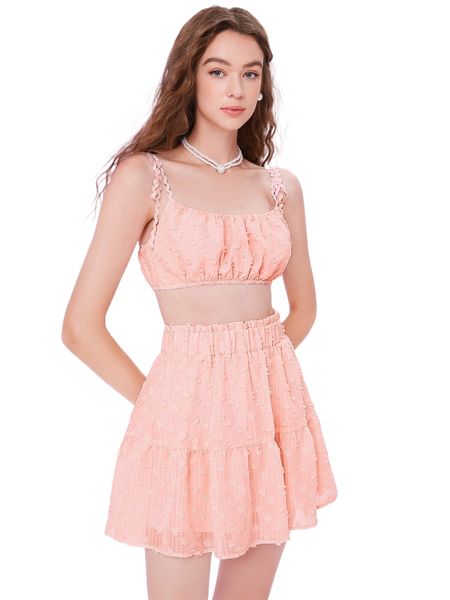 

mod ruched bust swiss dot tie shoulder crop cami & ruffle hem skirt x6lr#, White