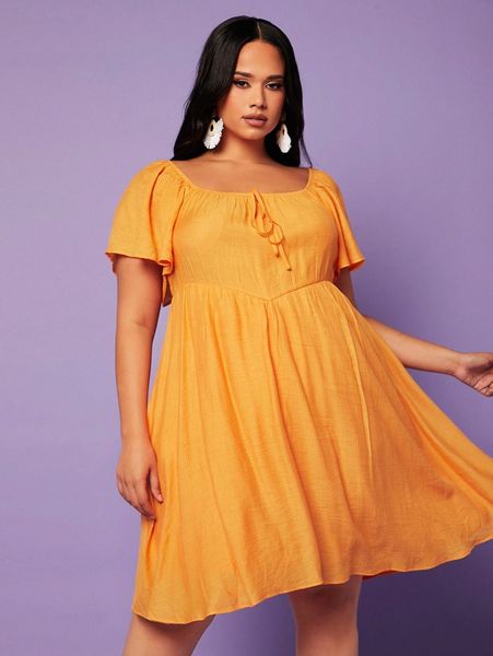 

plus 1pc butterfly sleeve knot front dress u80t#, Black
