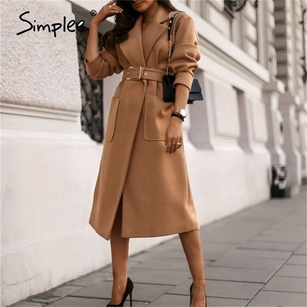 

office lady camel autumn winter female wool coat high street fashion long sleeve coat elegant pocket outwear with belt 201215, Black
