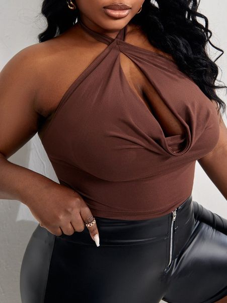 

sxy plus cut out draped front backless halter l4sq#, Black