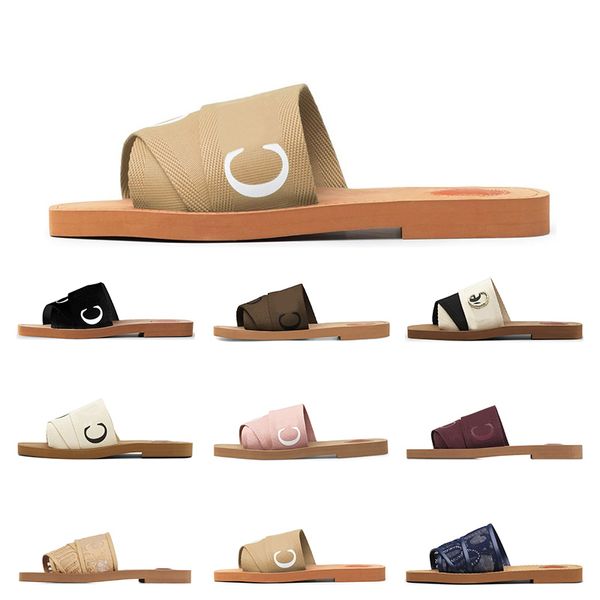 

luxurys designers women slippers woody flat mule in canvas delicate pink summer rubber sandals beach sliders woven peep toe casual letter st, Black