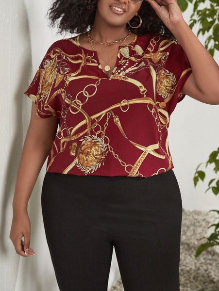 

plus chain print dolman sleeve v wired blouse z7d5#, Black