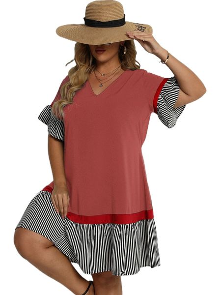 

plus contrast striped flounce sleeve smock dress 828s#, Black