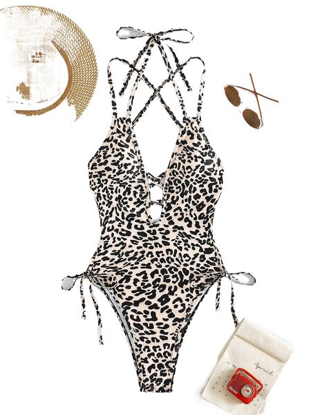 

leopard print crisscross tie side one piece swimsuit g5yu#, White;black