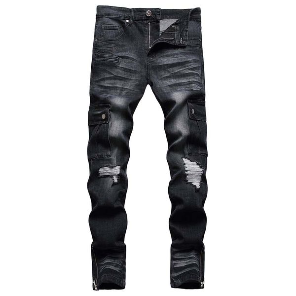 Jeans neri uomini slim fit tasca laterale motociclista pantaloni in denim zip patchwork pantaloni hip hop per maschio grande taglia 30-44