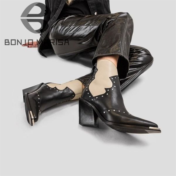 

female western y heel fashion shoes for women ankle med calf womens boots brand rivet metal design comfy 220722, Black