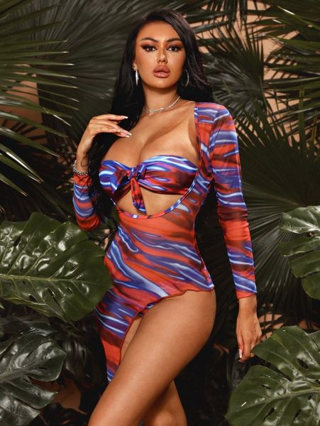 

sxy allover print knot bandeau bikini swimsuit with cover up g7zr#, White;black