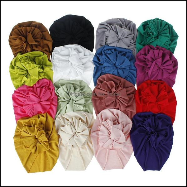 Algodão macio turbante sólido chapéus Caps Goeanies HeadWraps com grande flor arco para bebê meninas bebês crianças crianças gota entrega 2021 Accessori