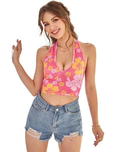 

floral print backless halter k8gz#, White