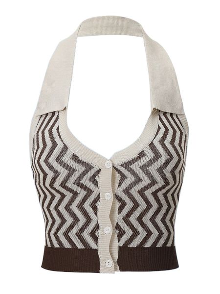 

chevron pattern button front halter knit e0g8#, White;black