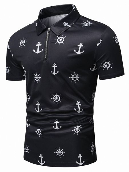 

men anchor print half zip polo shirt l6oo#, White;black
