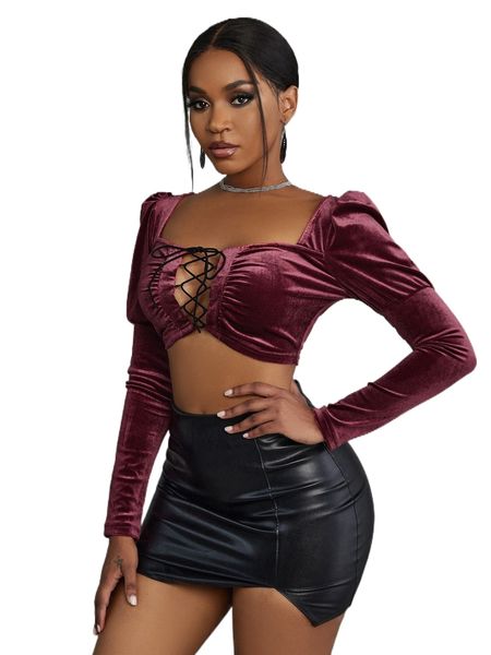 

sxy gigot sleeve lace up crop velvet h58w#, White