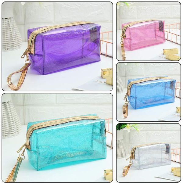 Saco de cosméticos de PVC transparente Sacos de maquiagem de viagem à prova d'água transparente com zíper Bolsa de maquiagem Bolsa de beleza para banho Organizador de produtos de higiene pessoal 8 cores