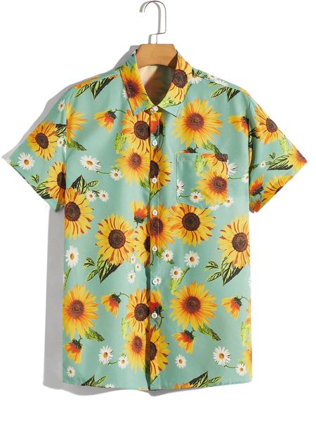 

men sunflower print pocket shirt q3gp#, White;black