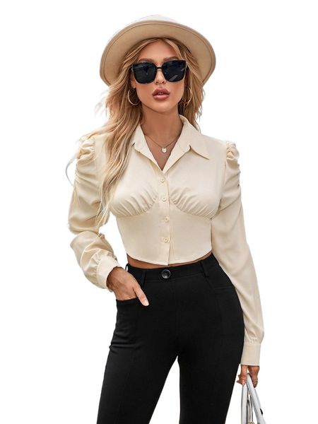 

ruched bust puff sleeve crop shirt p0sf#, White