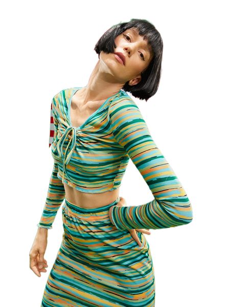 

x neon island striped print knot front crop tee v90h#, White