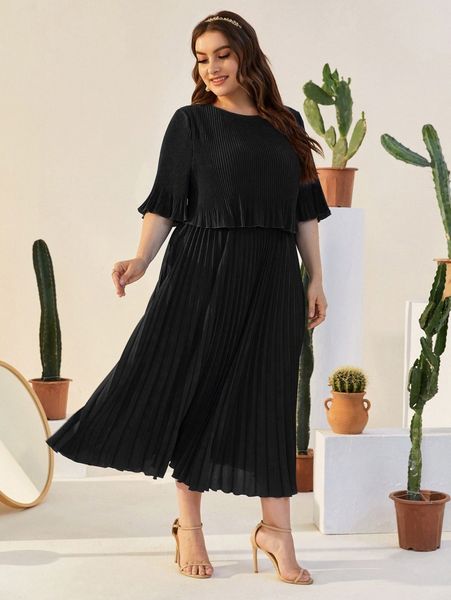 

plus flounce sleeve pleated solid dress z1pe#, Black