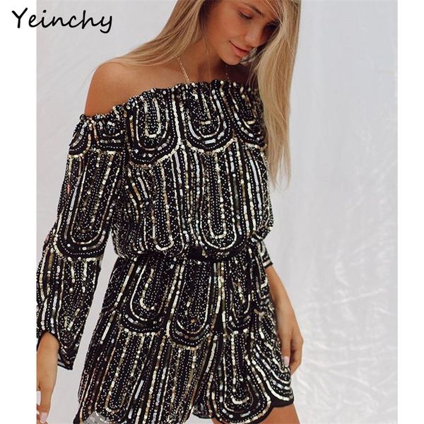 

yeinchy women off shoulder slash neck long sleeve ladies elastic waist sequin party playsuit fm6105 t200704, Black;white