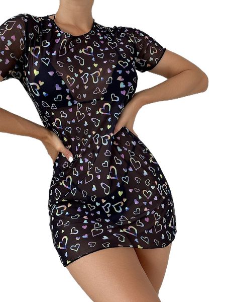 

random heart print cover up without bikini j42x#, White;black
