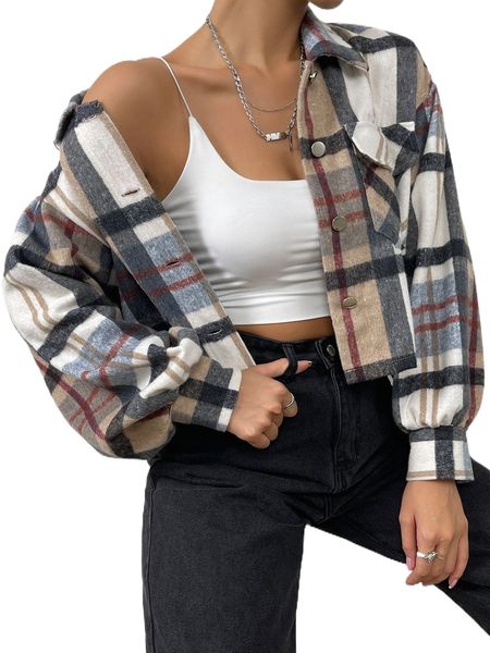 

plaid flap pocket drop shoulder coat k4uq#, Black;brown