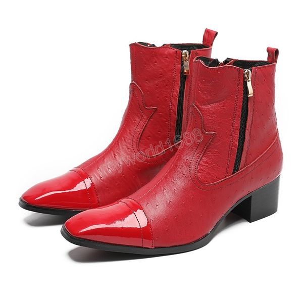 Fashion Red Dress Shoes Sapatos quadrados dedo zip cowboy botas curtas botas plus size size club de festa de festas no tornozelo para homens