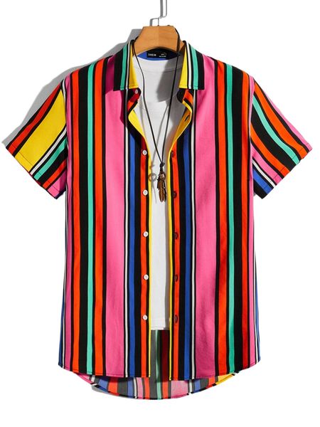 

men colorblock striped collared button up shirt 310f#, White;black