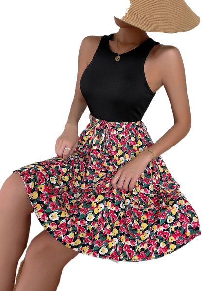 

floral print two layer hem belted dress j5co#, Black;gray