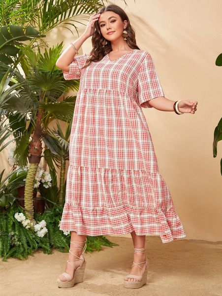 

plus plaid print ruffle hem smock dress t1mj#, Black