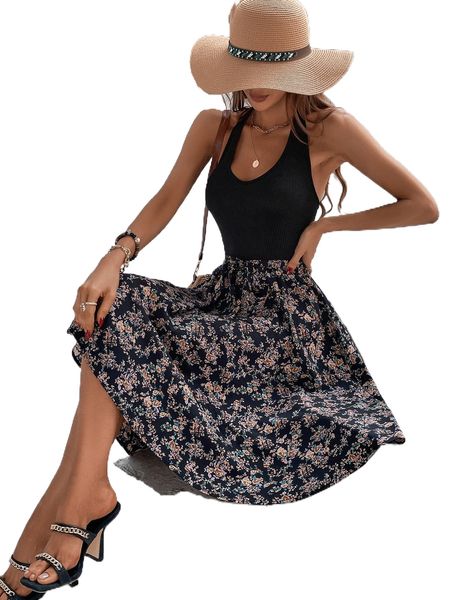 

floral print backless belted halter dress i4pj#, Black;gray
