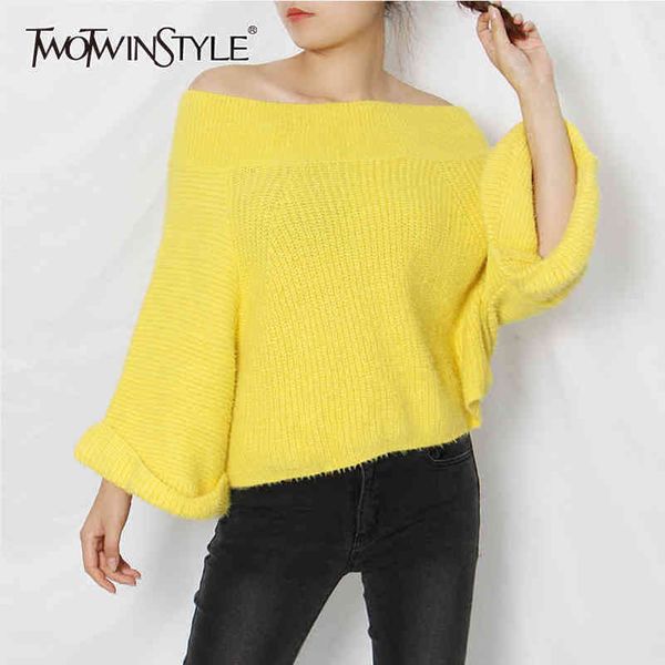 

solid color slash neck knitted sweater for women batwing sleeve loose oversized pullovers female sweaters 210423, White;black