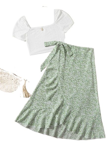 

solid crop & ditsy floral print wrap skirt set y57o#, White