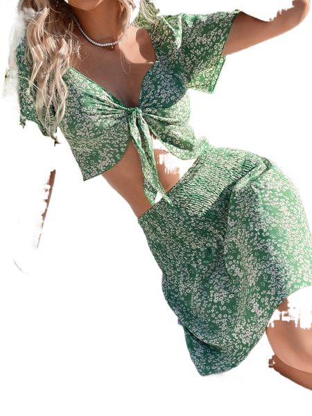 

ditsy floral print tie front crop & shirred skirt j5qt#, White