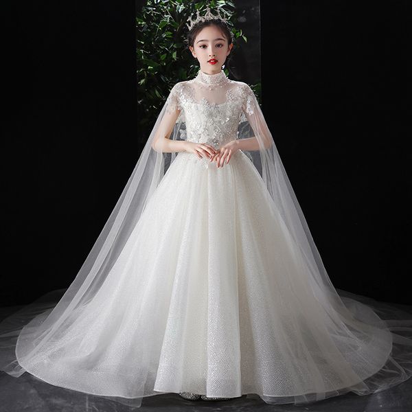 Entzückende weiße Ballkleid Blumenmädchen Kleider Prinzessin Sheer Long Sleeves Applizes Juwel Neck Kleinkind Geburtstag Weihnachtsfeierkleider 403