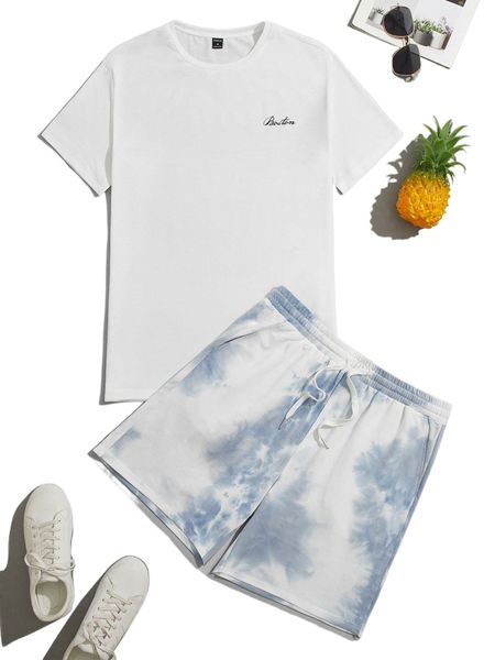 

men letter graphic tee & tie dye drawstring waist shorts v477#, Gray