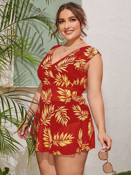 

plus plant print bikini swimsuit with beach skirt 90ay#, White;black