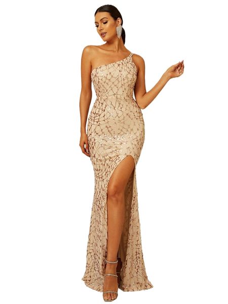 

missord contrast sequin one shoulder split thigh maxi formal dress m9np#, Black;gray