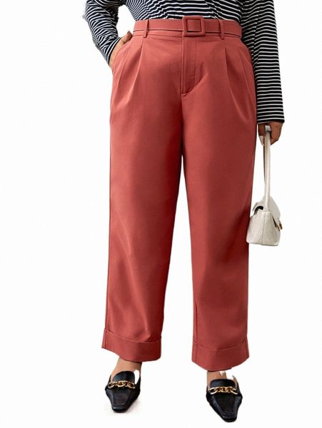 

plus slant pocket fold pleated belted tailored pants f0le#, Black