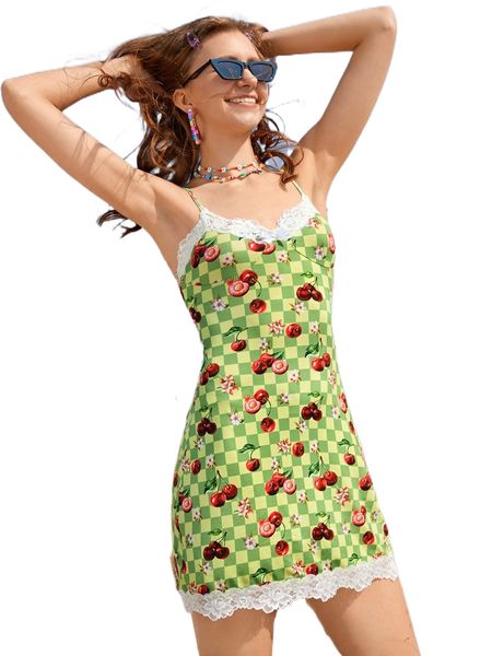 

cherry print lace trim bodycon dress e6zi#, Black;gray