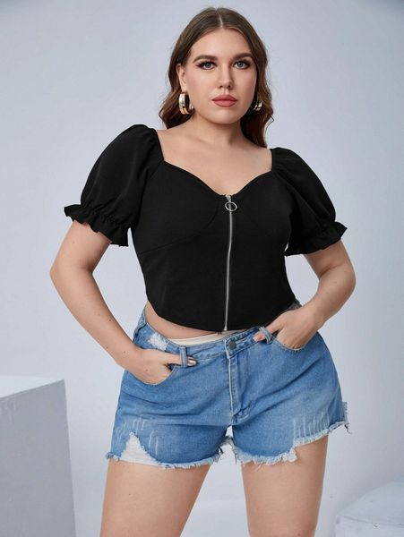 

plus sweetheart neck flounce sleeve zip up crop tee d8xv#, Black