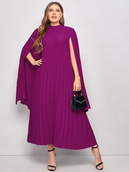 

plus pleated solid cape dress c0s8#, Black