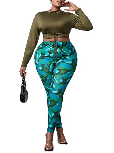 

plus mock neck crisscross knot front crop tee & graphic print leggings t5tk#, Black