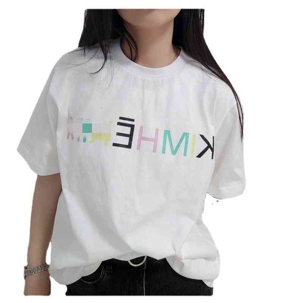

women's t-shirt kim fashion brand female t-shirt star same loose letter color summer male and couple, White