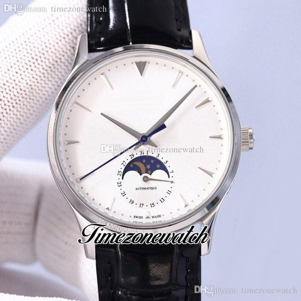 Master Ultra Thin Q1368430 Moon Phase Orologio automatico da uomo Cassa in acciaio Quadrante bianco Indicatori a bastone argento Cinturino in pelle nera Timezonewatch Y10a1