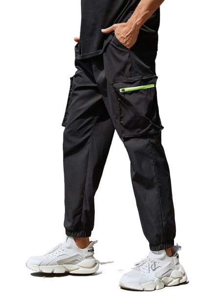 

men zip pocket drawstring waist cargo pants p94x#, Black